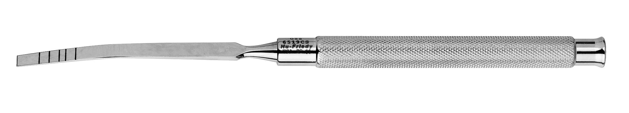 The Hu-Friedy Chisel Osteotomes by Hu-Friedy are metal dental instruments with textured handles and narrow, angled flat blades marked for depth, commonly used for precise alveolar bone surgery.