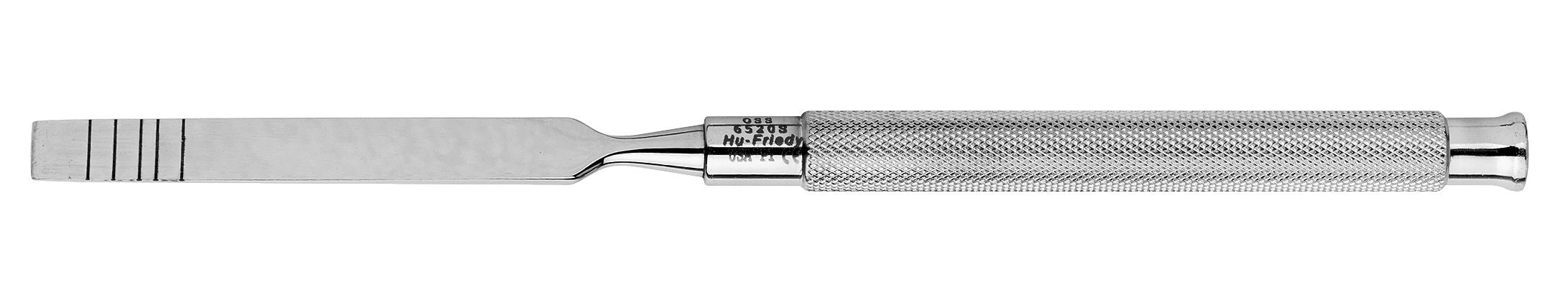 The Hu-Friedy Chisel Osteotomes by Hu-Friedy are stainless steel dental instruments with a flat, rectangular grooved blade and a textured cylindrical handle, commonly used in alveolar bone surgery.