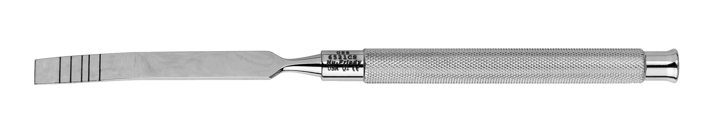 The Hu-Friedy Chisel Osteotomes by Hu-Friedy is a metal dental instrument with a textured handle and flat, angled blade with parallel grooves and depth markings for precise alveolar bone surgery.