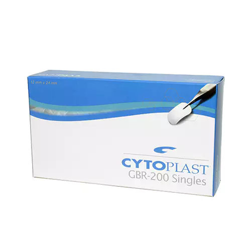 A white and blue box labeled Osteogenics Cytoplast GBR-200 Original dPTFE Membrane, featuring a blue wavy design and an image of a GBR membrane for guided bone regeneration on the right side.