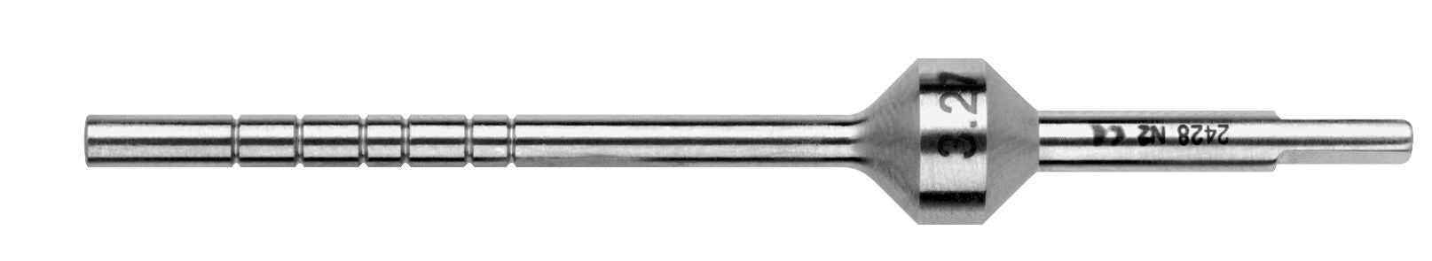 A close-up of a Hu-Friedy Slightly Convex Tip Osteotome Bone Pusher, featuring a hexagonal center with etched numbers, engraved markings, notched end, and ringed sections—typical of interchangeable bone instruments in surgery.