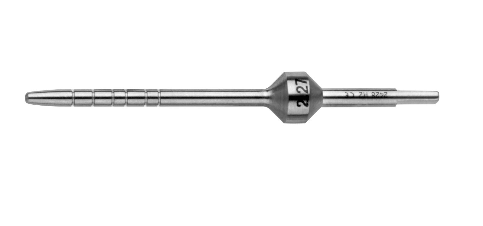 The Hu-Friedy Tapered Convex Tip Osteotome by Hu-Friedy is a metallic, cylindrical precision tool for oral and maxillofacial surgery, with a hexagonal central section, engraved markings, and a tapered convex tip, shown on a white background.