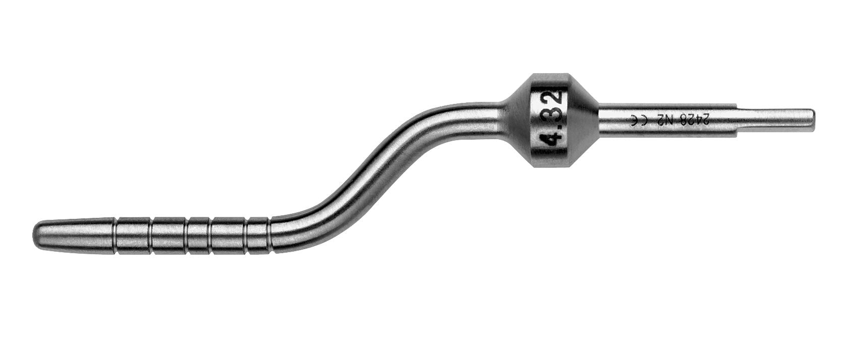 The Hu-Friedy Tapered Convex Tip Osteotome, by Hu-Friedy, features a hexagonal middle section, curved shaft, and grooved tip. Used in oral and maxillofacial surgery as an interchangeable bone instrument or osteotome.