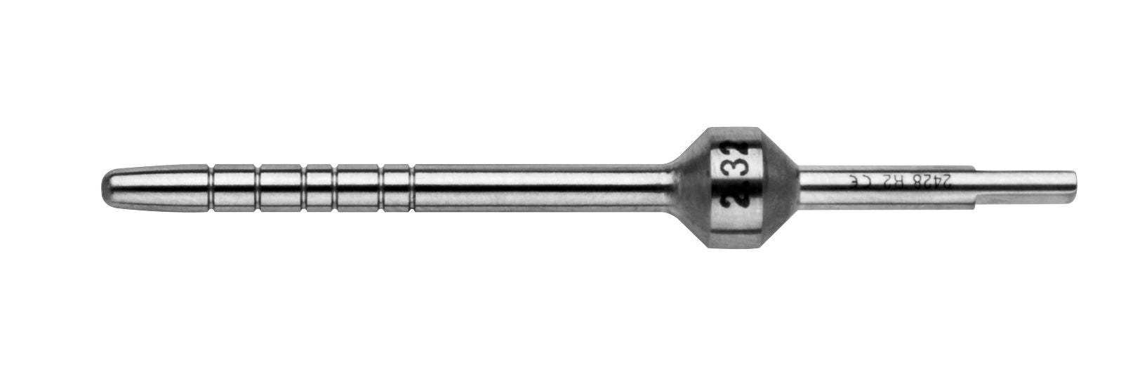 The Hu-Friedy Tapered Convex Tip Osteotome is a metal surgical instrument with a cylindrical, grooved shaft and central hexagonal section, commonly used as an interchangeable bone tool in oral and maxillofacial surgery, shown on a white background.