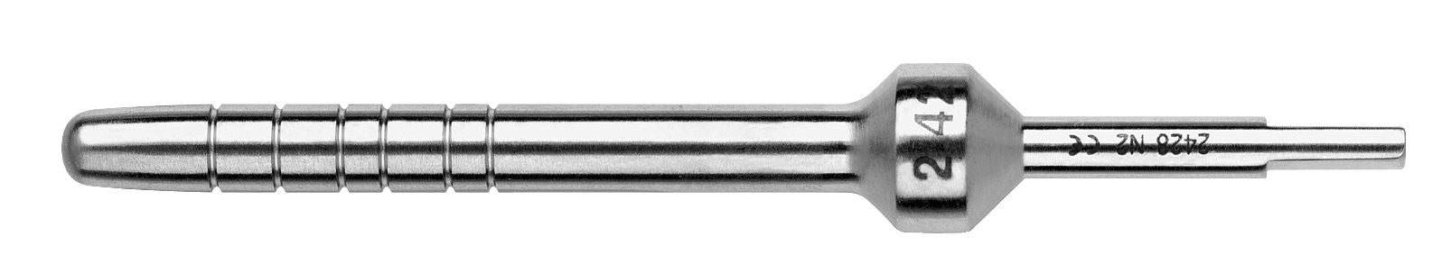 The Hu-Friedy Tapered Convex Tip Osteotome is a metallic surgical instrument for oral and maxillofacial surgery with a rounded, grooved tip and a hexagonal, notched base marked “241” with additional small text.