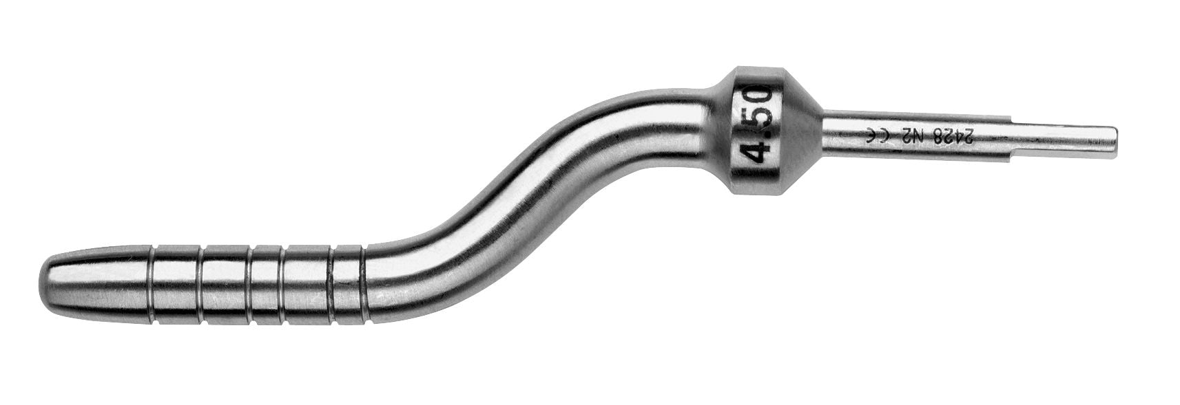 The Hu-Friedy Tapered Convex Tip Osteotome by Hu-Friedy is a stainless steel tool for oral and maxillofacial surgery, with a curved segmented handle, straight notched shaft, D4.5 marking, alphanumeric engravings, and bone instrument compatibility.