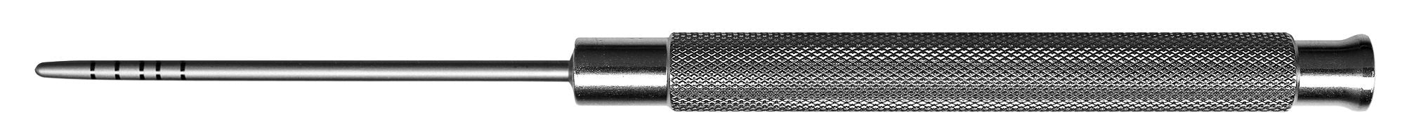 The Hu-Friedy Palti Osteotome Chisels by Hu-Friedy are metal bone instruments for oral and maxillofacial surgery, featuring a textured handle and smooth cylindrical tip with four black measurement lines, shown on a white background.