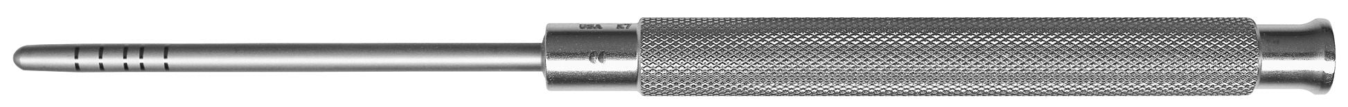 The Hu-Friedy Palti Osteotome Chisels by Hu-Friedy are cylindrical metal tools with textured grips, smooth tapered handles, and laser-etched depth markings, shown from the side on a white background.