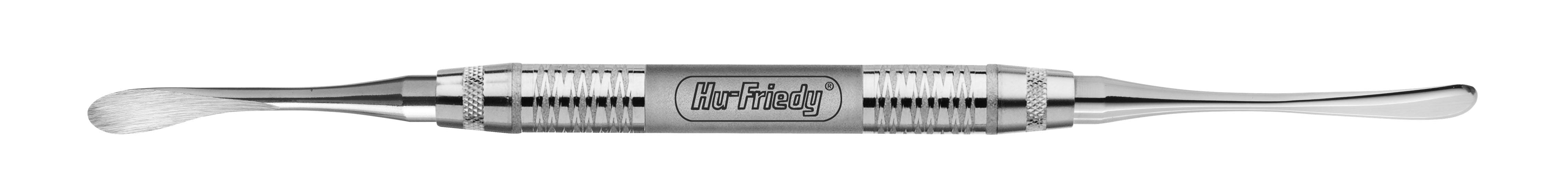 The Hu-Friedy 149 Periosteal Elevator is a double-ended stainless steel instrument, featuring a rounded scoop and curved pointed tip for mucoperiosteal reflection, with "Hu-Friedy" engraved on the handle.