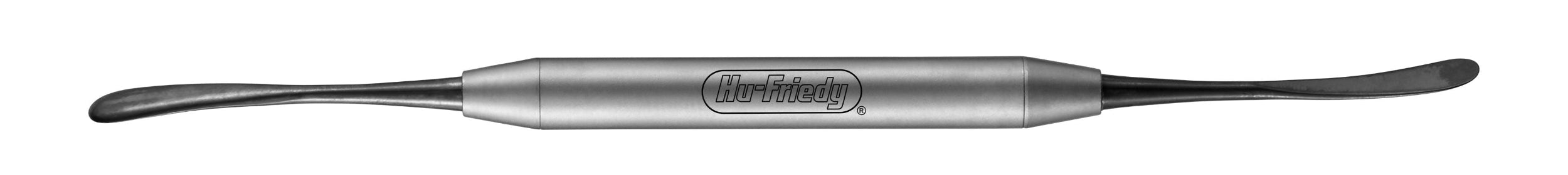 The Hu-Friedy Goldman-Fox Periosteal Elevator by Hu-Friedy is a double-ended stainless steel tool with curved, flat tips and a cylindrical handle, ideal for mucoperiosteal reflection in periodontal surgery.