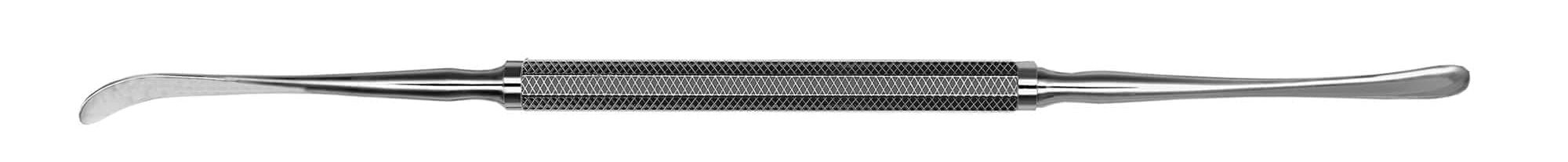 The Hu-Friedy #15 Freer Periosteal is a double-ended metal dental instrument with a textured center grip; one end has a curved, pointed tip, and the other features a flat, rounded tip.