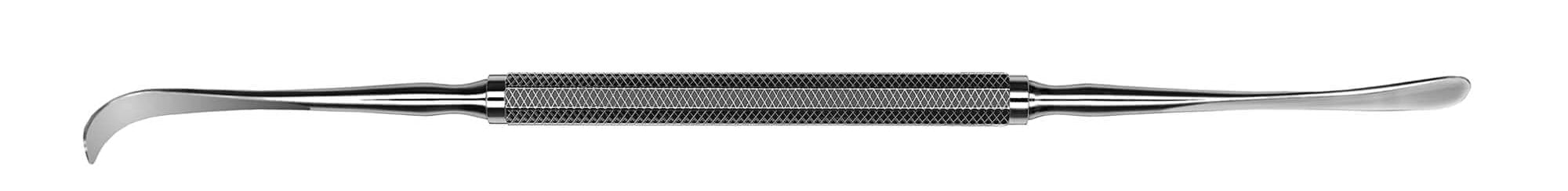 The Hu-Friedy #16 Freer Periosteal is a double-ended stainless steel dental and surgical instrument with a textured center grip; one end is curved and pointed, the other flat and slightly rounded.