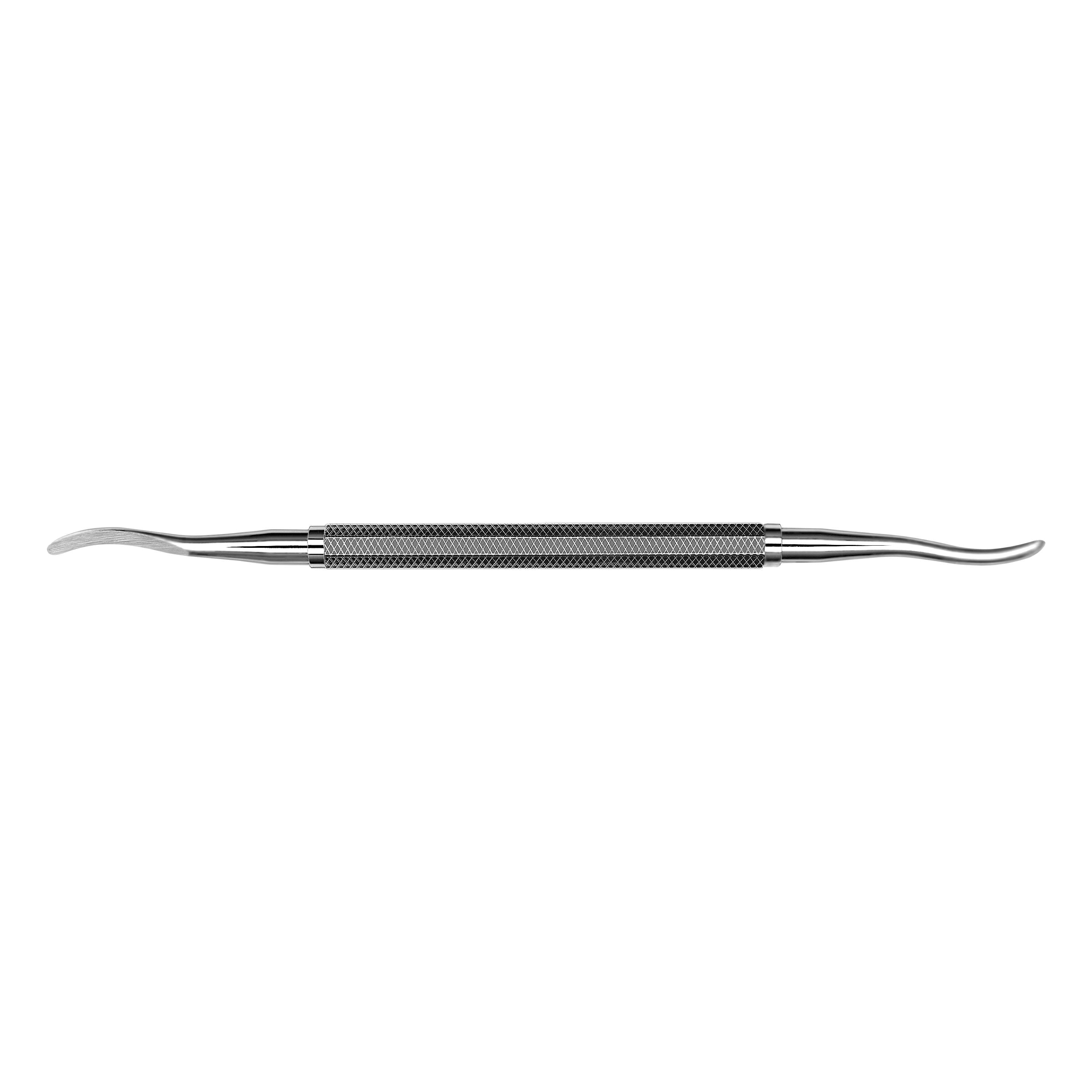 The Hu-Friedy 1/2 Hopkins Periosteal Elevator by Hu-Friedy is a double-ended metal dental tool with a textured central grip and curved tips, commonly used in periodontal flap procedures, shown isolated on a white background.