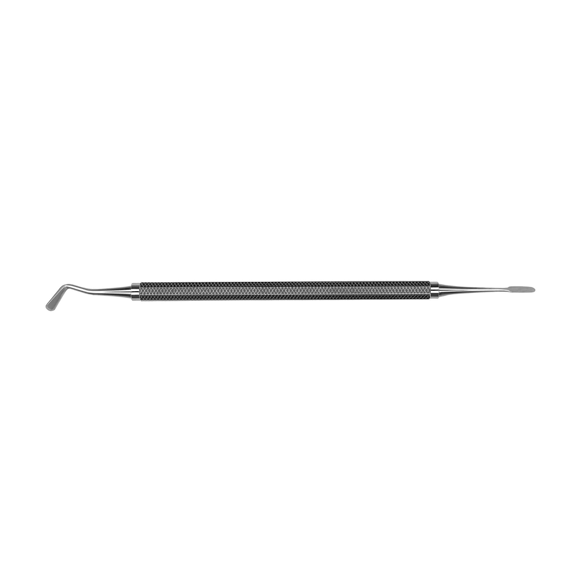 The Hu-Friedy #20 (LH) Hirschfeld Periosteal is a stainless steel dental instrument with a textured grip, featuring a flat blade on one end and an angled, curved tip on the other, displayed against a white background.
