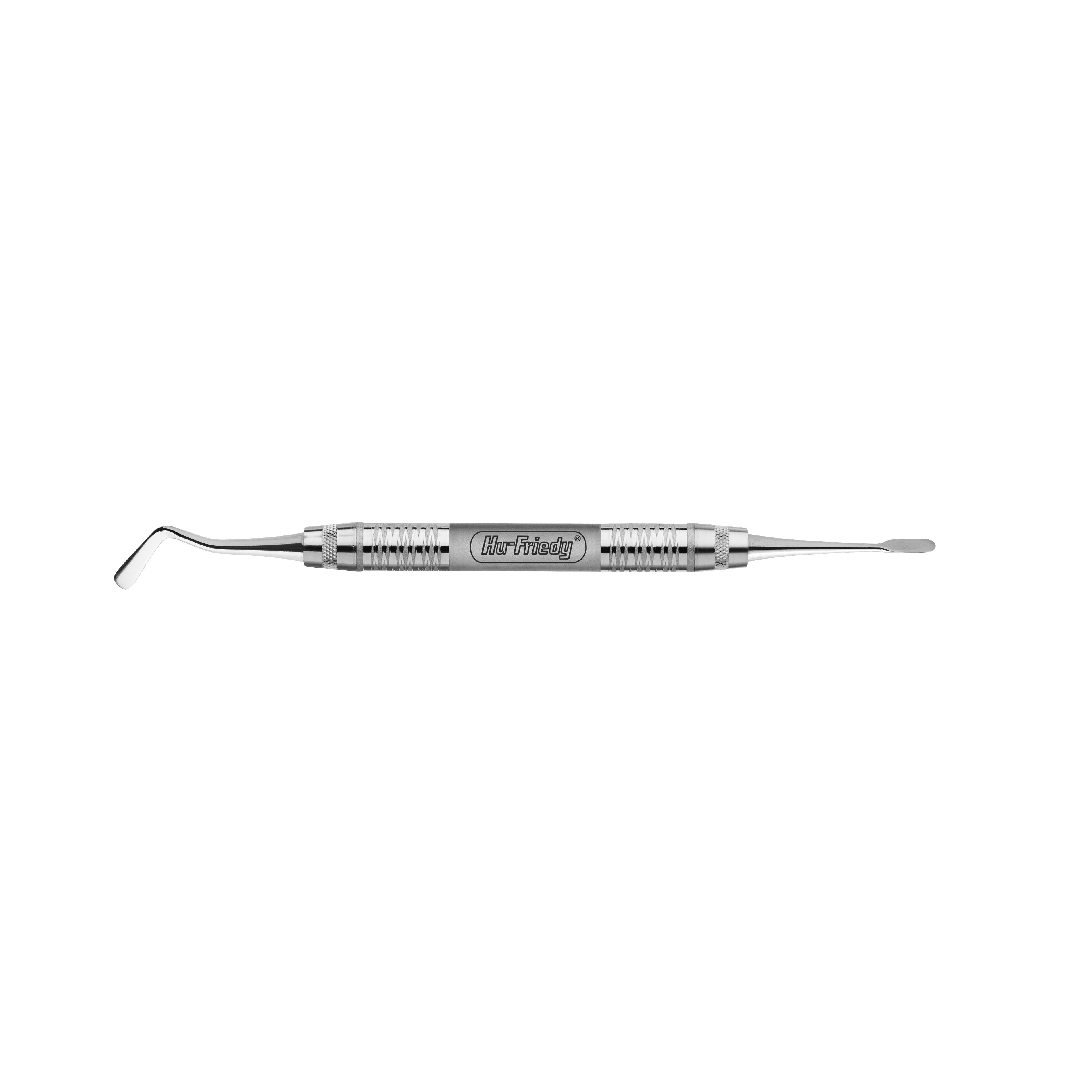 The Hu-Friedy Hirschfeld Periosteal Elevator is a stainless steel, double-ended oral surgery instrument with one elevator end for mucoperiosteal reflection and a flat, spatula-like blade on the other. Handle textured and labeled Dr. Friday.
