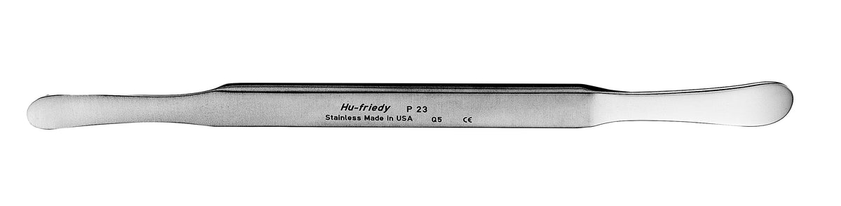 The Hu-Friedy Seldin Periosteal Elevator by Xemax Surgical Products Inc. is a metal oral surgery tool with flat, rounded ends and center engraving, widely used for flap elevation in dental procedures.