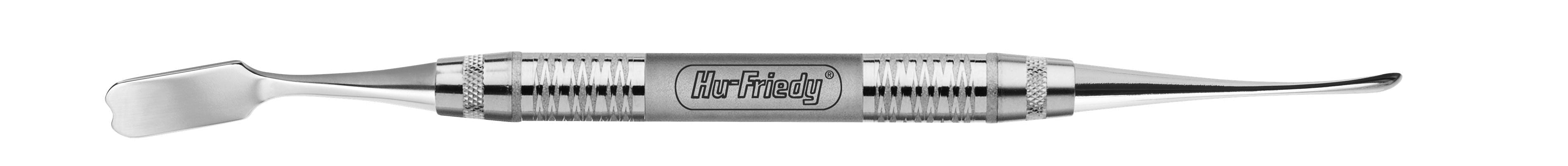 The Hu-Friedy 24G Sicilia Periosteal Elevator features a flat, spade-like tip and a curved, pointed end, ideal for flap elevation in periodontal surgery. The stainless steel instrument is engraved with the Hu-Friedy name.