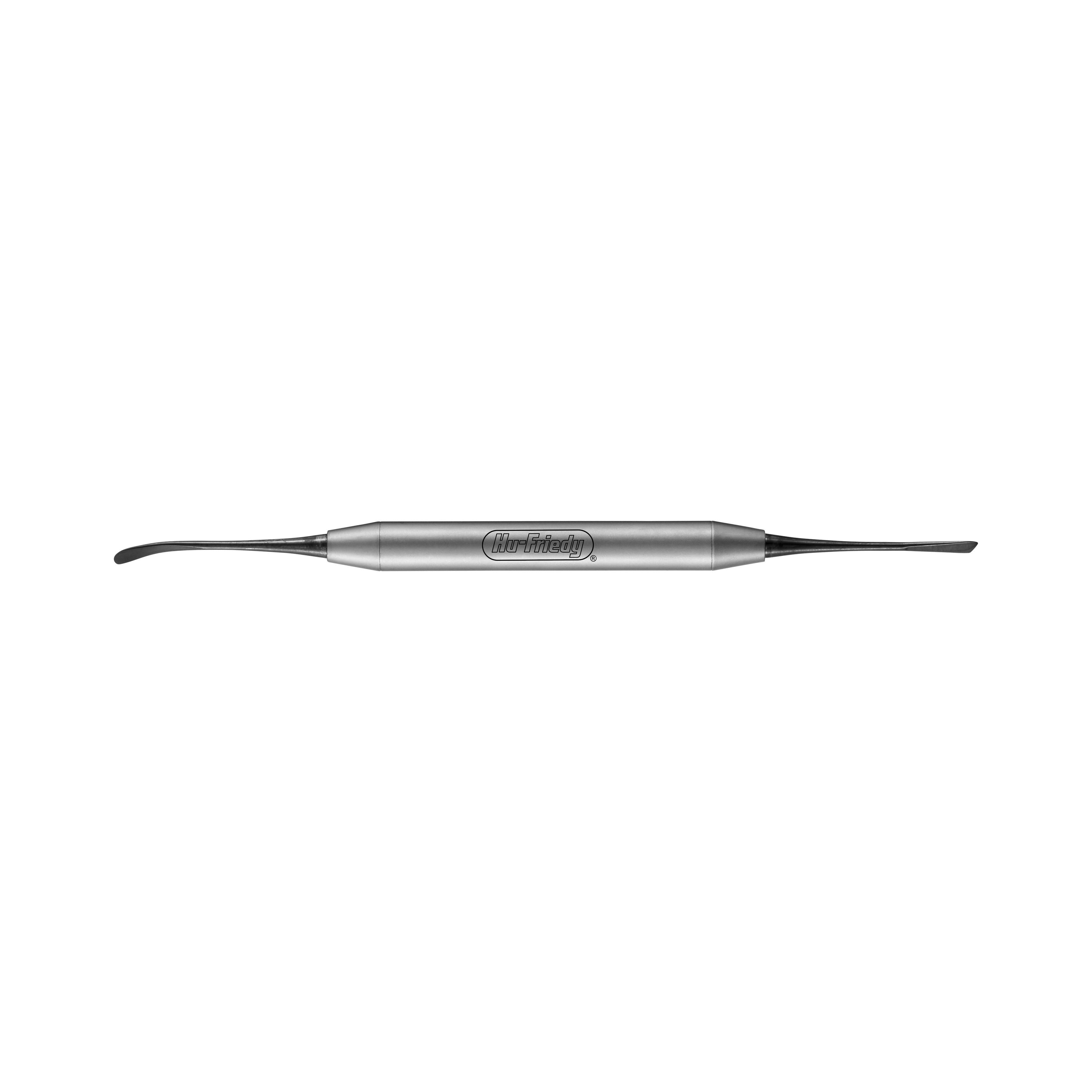 The Hu-Friedy 24G Periosteal Elevator by Hu-Friedy is a stainless steel dental tool with a double-ended, flat, curved blade and cylindrical handle, commonly used in oral surgery or periodontal flap procedures, shown on a white background.