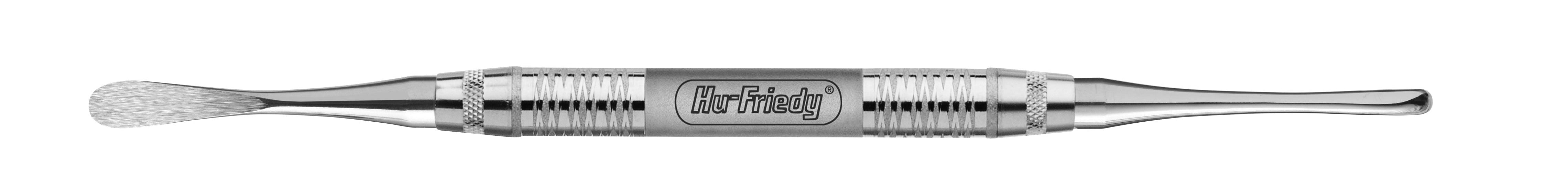 The Hu-Friedy #8D Periosteal Elevator is a double-ended oral surgery instrument with a curved brush on one end and a flat, smooth elevator for mucoperiosteal separation on the other.
