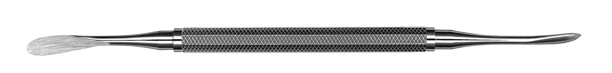 The Hu-Friedy #9 Molt Periosteal Elevator is a double-ended stainless steel tool with a textured grip, featuring a flat rounded tip on one end and a curved pointed tip on the other, shown on a white background.