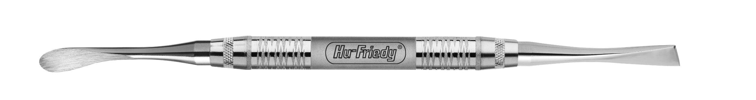The Hu-Friedy 9H Howard Periosteal Elevator is a double-ended stainless steel instrument with a textured grip, featuring a curved spatula for retraction and an angled flat tip. "Hu-Friedy" is engraved on the handle.