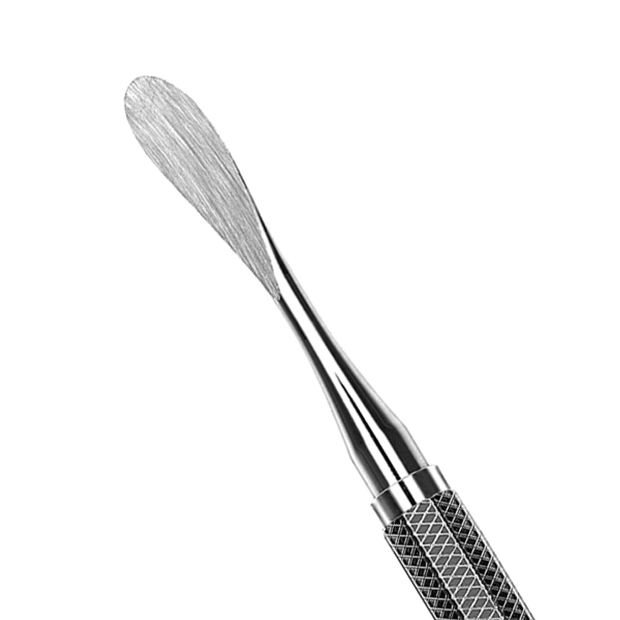 A close-up of a Hu-Friedy 9H Howard Periosteal Elevator, a metal oral surgery tool by Hu-Friedy with a textured handle and curved, flat end, used for mucoperiosteal reflection or nail care, isolated on a white background.