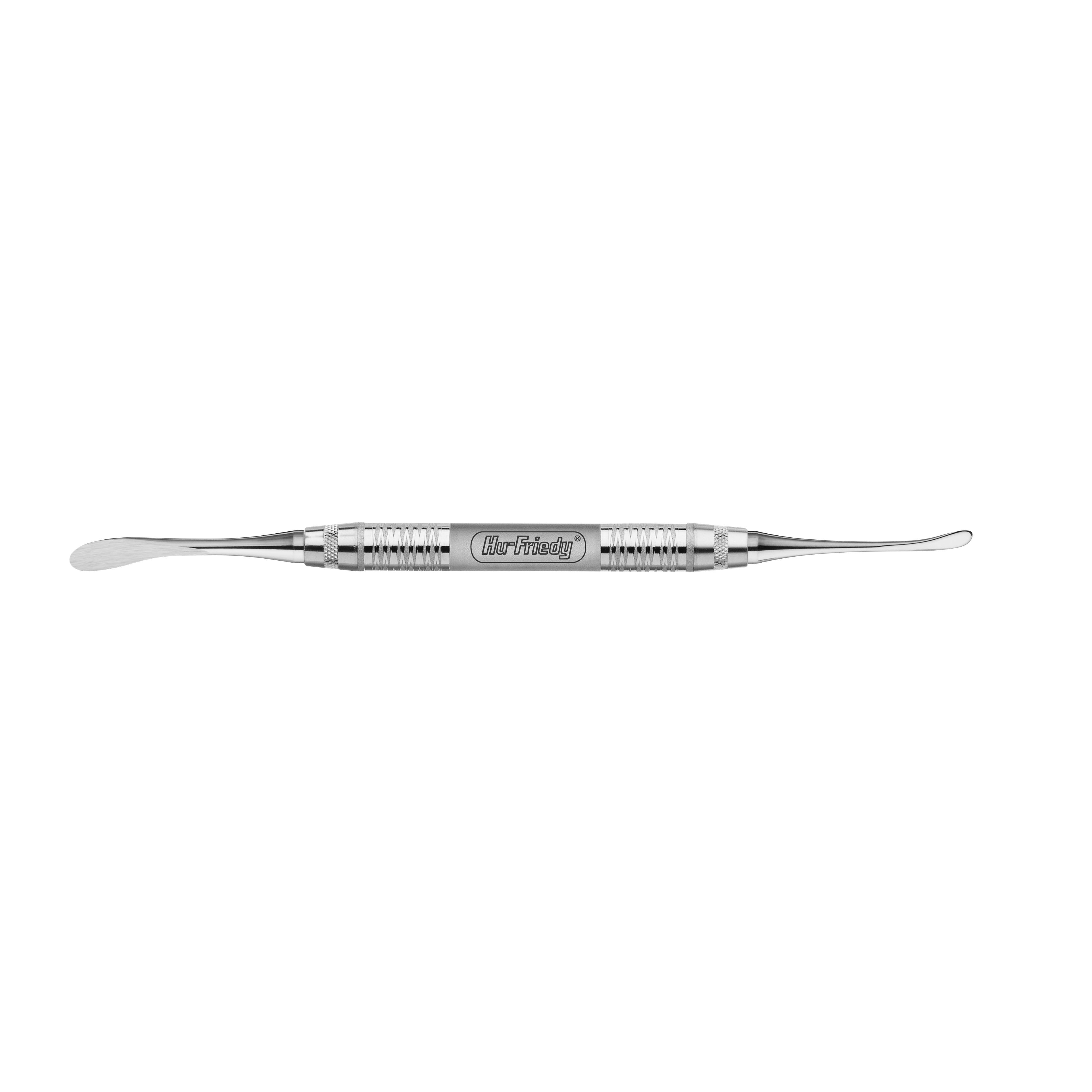 The Hu-Friedy Demirel Periosteal Elevator features flat, rounded and curved hook ends, a textured grip, and "Dr. Frei" engraving; ideal for periodontal plastic surgery and connective tissue grafting. Brand: Hu-Friedy.