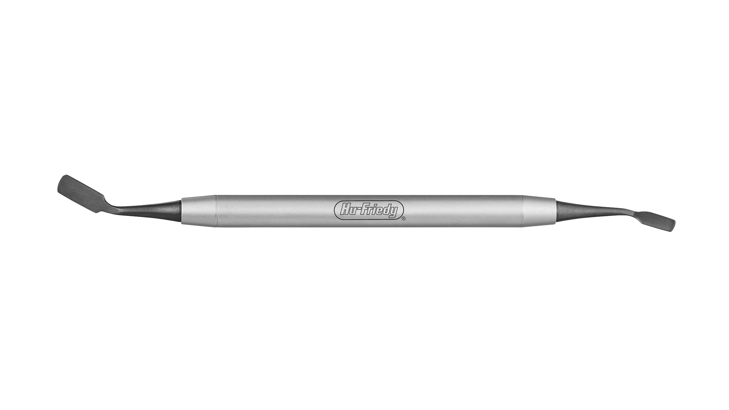 The Hu-Friedy Donos Periosteal is a double-ended metallic dental tool with angled, flat tips for shaping or handling materials during mucoperiosteal elevation; its handle is engraved with the Hu-Friedy brand name.