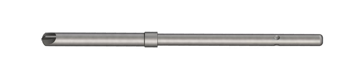 Viewed from the side against a white background, the Osteogenics Pro-Fix Cruciform Driver Blade is a cylindrical metal rod featuring a slot at one end, a raised middle ring, and two holes near the opposite end.