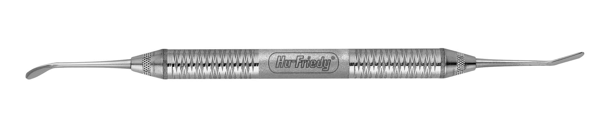 The Hu-Friedy Mini Me Microsurgical Periosteal is a double-ended stainless steel elevator with textured grip and flat, angled tips, ideal for microsurgical dental procedures.