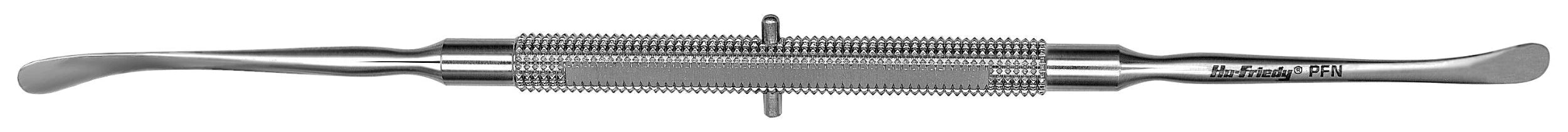 The Hu-Friedy Freer Nasal Periosteal is a metal dental instrument with a textured grip, featuring flat and curved blades on each end, used for elevating mucoperiosteal tissue during dental procedures.