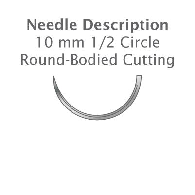 Diagram of a 10 mm half-circle round-bodied cutting needle with Resorba PGA Absorbable Braided Dental Sutures (Violet); text highlights the size, shape, and suitability for periodontal procedures.