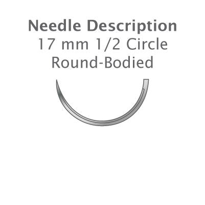 Illustration of a 17 mm, 1/2 circle round-bodied Resorba PGA Suture needle (absorbable braided, violet) for periodontal use, with the text: Needle Description 17 mm 1/2 Circle Round-Bodied above the curved needle image.
