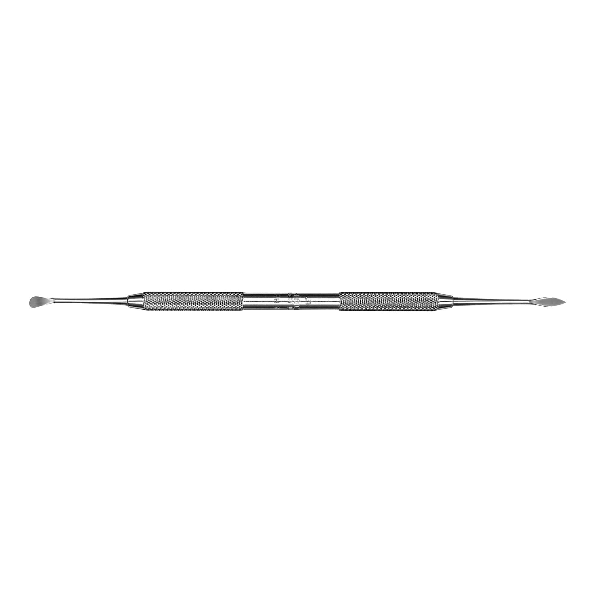 The Hu-Friedy #2 Hourigan Periosteal/Mod Woodson is a double-ended stainless steel instrument with center textured grips and flat, rounded tips, ideal for nail or cuticle care.