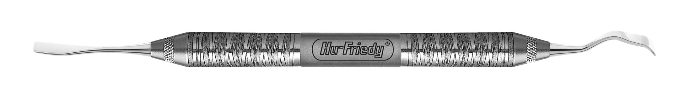 The Hu-Friedy S13K/TG Jovanovic Chisels is a surgical-grade stainless steel dental tool with textured grips, a curved scraper on one end, and a flat, angled tip on the other.