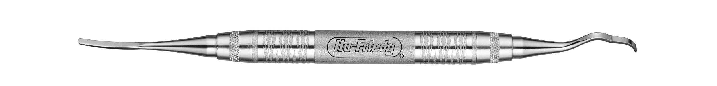 The Hu-Friedy Jovanovic Mini Periodontal Chisels, by Hu-Friedy, is a stainless steel dental instrument with dual-shaped tips, perfect for periodontal chiseling or periosteum elevation, shown on a white background.