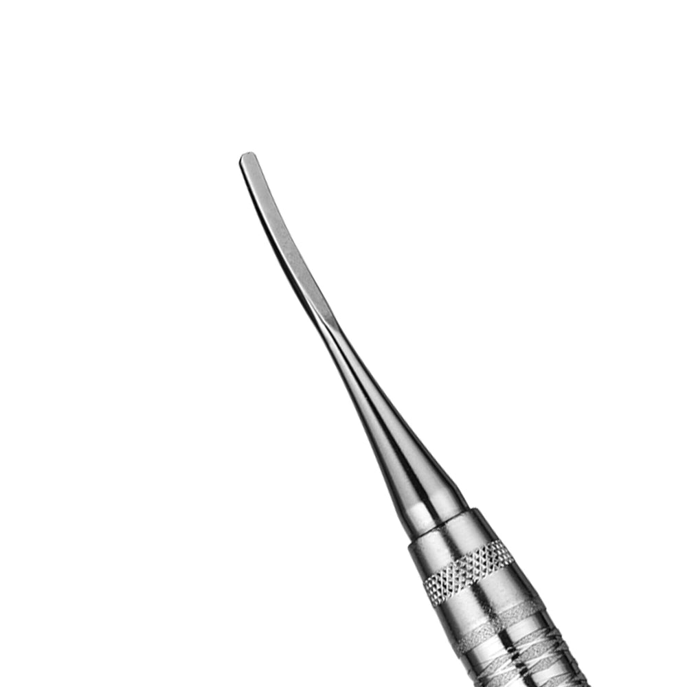 A close-up of the Hu-Friedy Jovanovic Mini Periodontal Chisel, featuring a slightly curved, flat stainless steel tip and textured handle, designed for bone manipulation during implant procedures, isolated on a white background.
