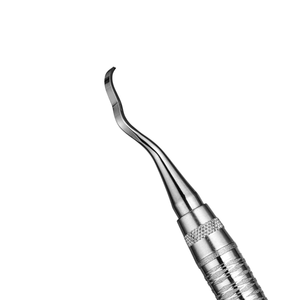 Close-up of a Hu-Friedy Jovanovic Mini Periodontal Chisel by Hu-Friedy, featuring a stainless steel curved, pointed tip for dental cleaning and implant procedures, shown against a plain white background.