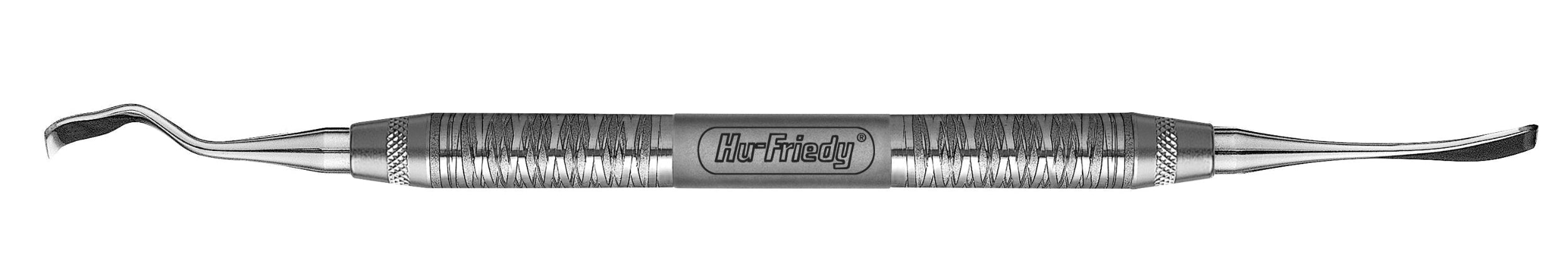The Hu-Friedy S13K/TG Jovanovic Chisel is a periodontal surgical instrument made from surgical-grade stainless steel, featuring the Hu-Friedy brand, a textured grip, and curved angled tips on both ends for precise dental use.