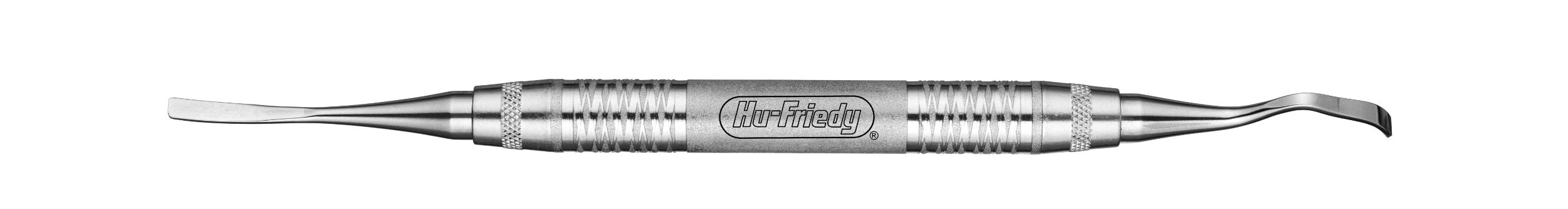 The Hu-Friedy Jovanovic Mini Periodontal Chisels are stainless steel dental tools with a flat chisel tip on one end, a curved pointed tip on the other, a textured grip, and the Hu-Friedy brand name on the handle.