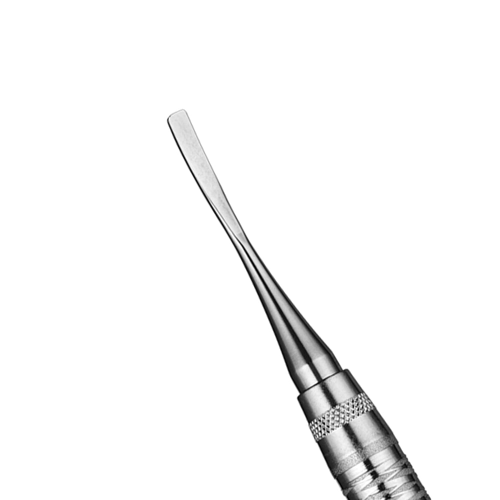 Close-up of the Hu-Friedy Jovanovic Mini Periodontal Chisels, featuring a stainless steel, flat narrow tip and textured grip handle for bone manipulation during implant procedures, set against a white background.