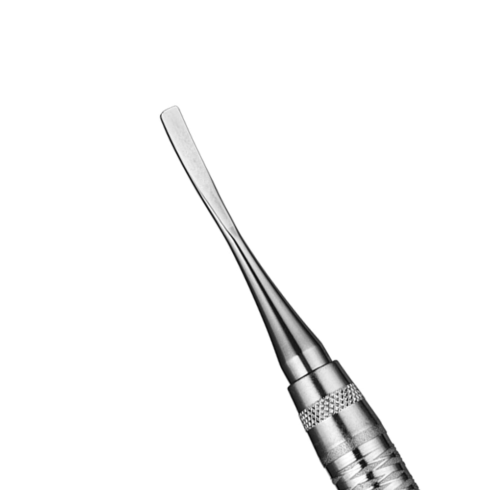 Close-up of the Hu-Friedy Jovanovic Mini Periodontal Chisel, a stainless steel tool with a flat, slightly curved tip and textured grip by Hu-Friedy, designed for implant procedures and bone manipulation, isolated on a white background.
