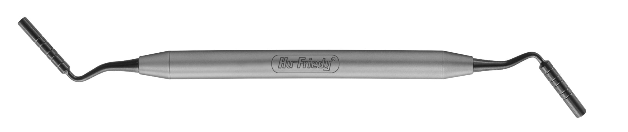 The Hu-Friedy Grisdale Bone Condensers are metal dental instruments with cylindrical handles and flat, bent dual ends for condensing bone grafts. Made from surgical-grade stainless steel and engraved with the Hu-Friedy brand.