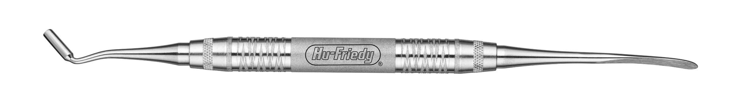 The Hu-Friedy Jovanovic Bone Condenser/Periosteal is a stainless steel dental instrument with a knurled grip, dual-shaped ends (one angled, one curved), and an engraved handle.