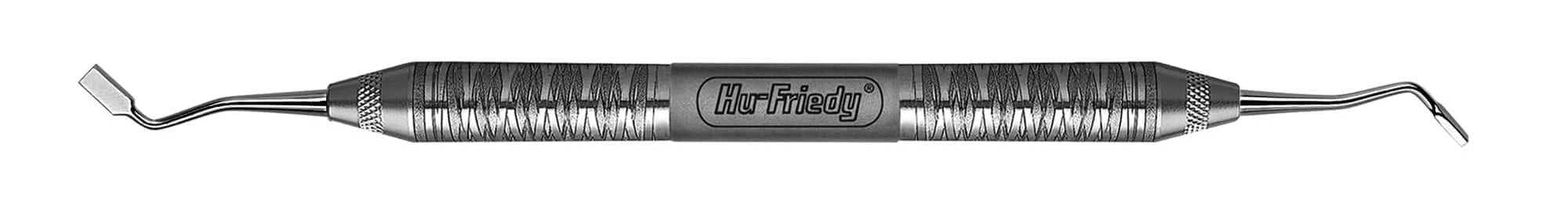 The Hu-Friedy LABANCA PLUGGER, 3 X 15MM Satin Steel features two angled flat ends and a textured grip, ideal for placing or shaping dental materials during procedures; includes precision 3 x 15mm tips.