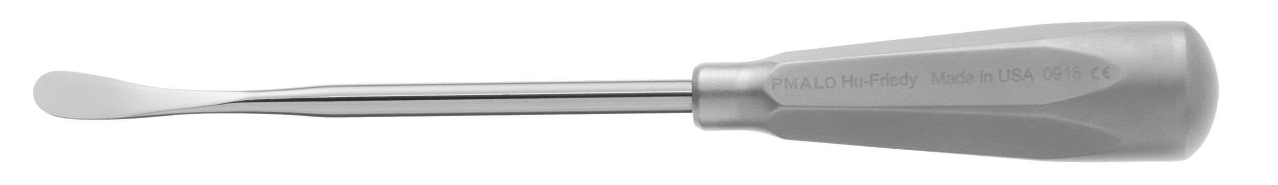 The Hu-Friedy Malo Periosteal Elevator by Hu-Friedy features a curved, flat tip and textured, cylindrical handle, ideal for oral surgeries like tooth extractions and other dental procedures.