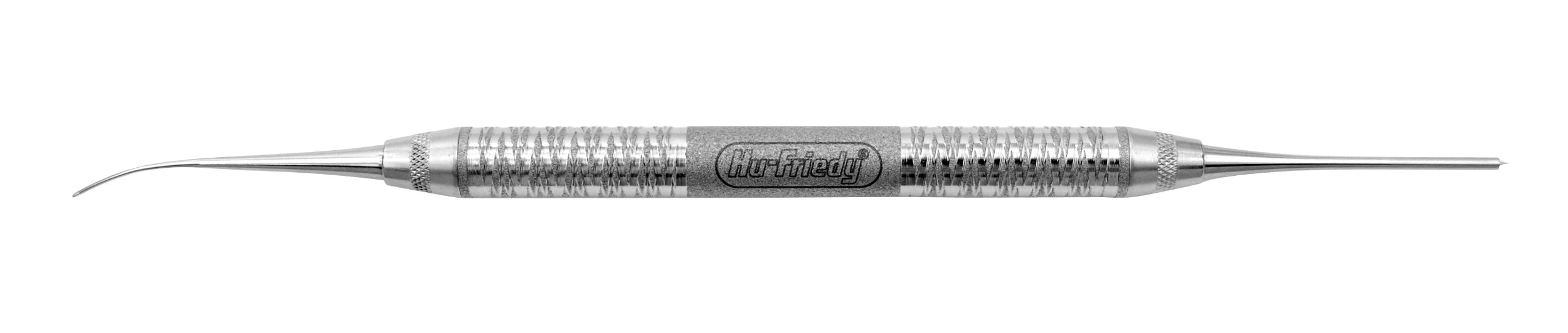 The Hu-Friedy Modified PMPI Membrane Placement Instrument features a curved, pointed tip on one end and a flat, straight tip on the other, with textured grip areas and "Hu-Friedy" engraved handle—ideal for guided bone regeneration.