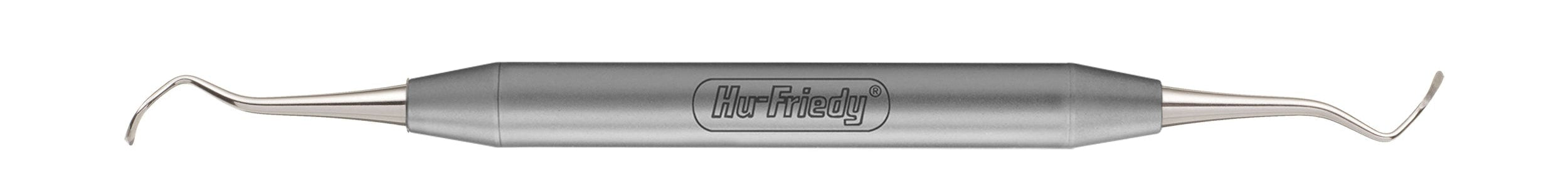 The Hu-Friedy Pink Matters PM Prodigy Periodontal Surgical Curette features a double-ended, curved design ideal for removing granulation tissue in flap surgery. The stainless steel handle is engraved with the Hu-Friedy brand name.