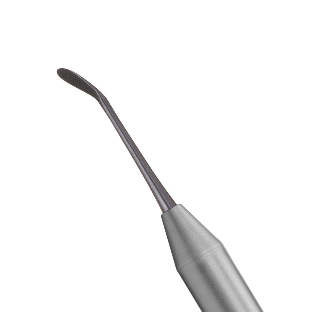 A close-up of the Hu-Friedy Pink Matters PM Split Periosteal, Short, Black Line—a dental tool by Hu-Friedy with a flat, curved metal tip and black handle—used for periodontal surgery, isolated on a white background.