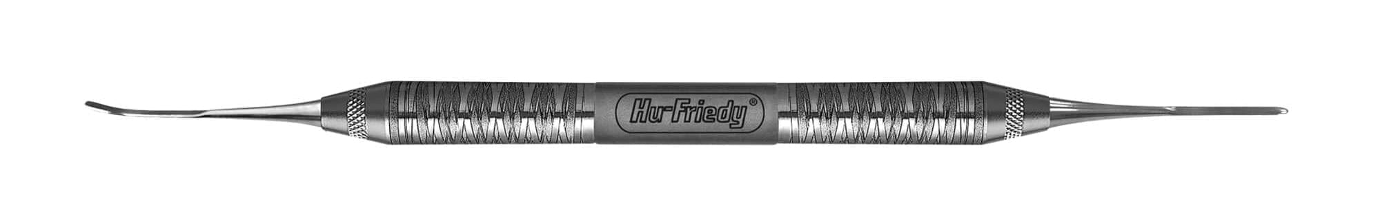The Hu-Friedy Periosteal, Allen Elevator Anterior is a double-ended metal dental tool with a textured center grip, featuring a pointed tip and small curved hook, designed for anterior procedures.